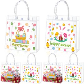 Motipuns 12 Pcs Easter Clear PVC Gift Bags with Handle Reusable Plastic Goodie Bags for Easter Egg Hunt Party Favors