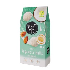 Feel FIT Veganela Balls, vegane Kokosnusspralinen mit ganzen Mandeln im Inneren und Kokosmilchcreme, ohne Zuckerzusatz, ohne Palmöl 63 g