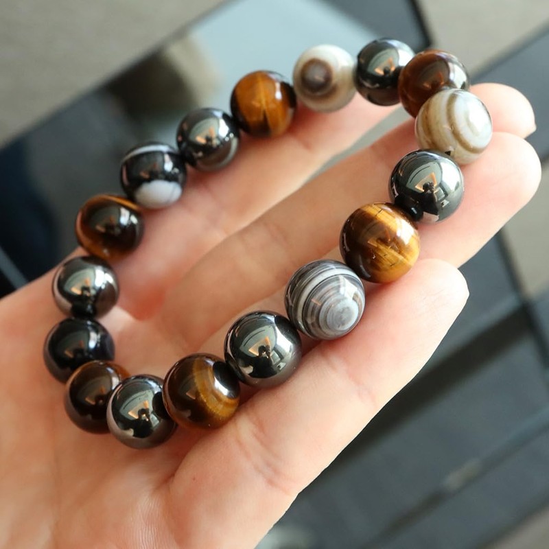 Gold Stone Tiger Eye Hematite Bracelet, 0.5 inches (12 mm),