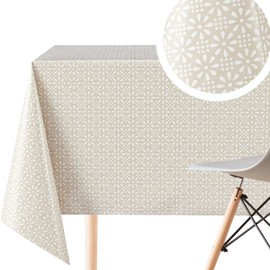Wipe Clean Tablecloth - Rectangle 200x140cm | 78x55in For Rectangular Tables Up To 6 Seats - Hard-Wearing Wipeable Vinyl PVC Kitchen Table Cloth Oilcloth In Beige And White Retro Flower Pattern