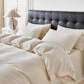 YuHeGuoJi Beige Jacquard Duvet Cover King 100% Cotton 3 Pcs Set 1 Cream Yellow Textured Floral Duvet Cover with Zipper Ties 2 Pillow Shams Washed Cotton Botanical Ruffle Hemmed Bedding Set Soft