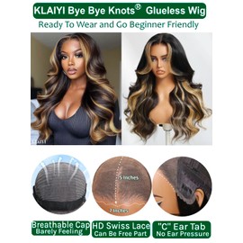 KLAIYI Ombre Highlight Blonde Loose Body Wave Bye Bye Knots Glueless Wigs Human Hair 7x5 Precut Lace Front Pre Plucked Bleached Ready to Wear Go Wig with Face Framing Curtain Bang Caramel Brown 22Inch