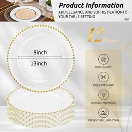 12 Pack Gold Clear Charger Plates With Beaded Rim, 13 Inch Dinner Charger Plates, Bulk Plastic Floral Table Plate for Dinner Wedding Table Setting Decoration(Gold)