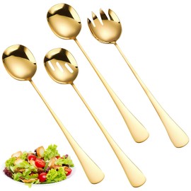 AKONE Salad Servers Stainless Steel Set of 4, Salad Servers Set with Fork and Spoons, 28 x 5.5 cm, Salad Spoon Serving Cutlery for Kitchen, Dining Room, Family Camping and Picnic (Gold)