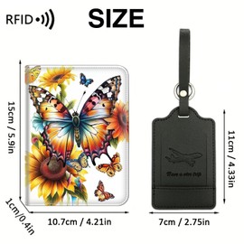 Passport Wallet, Passport Holder with RFID Blocking and Luggage Tag, Waterproof PU Leather Travel Documents Organizer Case, White Passport Covers with Card Slot for Women Men,Butterflies + Sunflowers