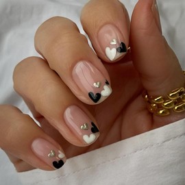 Press on Nails Short Square Nude Black White Heart French Tip Fake Nails Short with Designs Full Cover False Nails French Tip Glue on Nails Cute Acrylic Thick Stick on Nails for Women Nails Art 24Pcs F-584