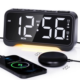 ROCAM Loud Vibrating Alarm Clock for Heavy Sleepers with Bed Shaker Under Pillow, Hearing Impaired/Deaf/Teens, Dual Alarms, Adjustable Date, Nightlight & Battery Backup, Large LED Digital Display, 12/24H