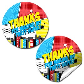 Comic Book Super Hero Birthday Thank You Sticker Labels for Kids, 40 2" Party Circle Stickers by AmandaCreation, Great for Party Favors, Envelope Seals & Goodie Bags