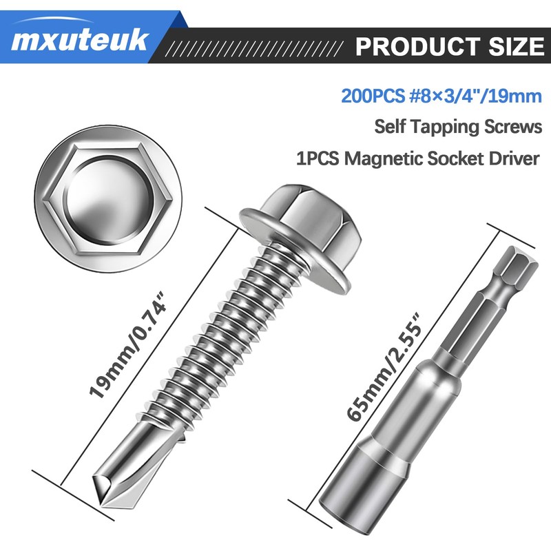 mxuteuk #8×3/4" Hex Washer Head Self Tapping Screws 410 Stainless