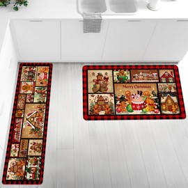 Riletese Merry Christmas Kitchen Rugs Sets of 2, Buffalo Plaid Gingerbread Kitchen Floor Mat Non Skid, Washable Sink Runner Rugs, Xmas Winter Holiday Decorations - 15.7 x 27.5 and 15.7 x47 Inch