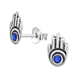 Evil Eye Hamsa Earrings with Saphire Blue Crystal Stones - 925 Sterling Silver