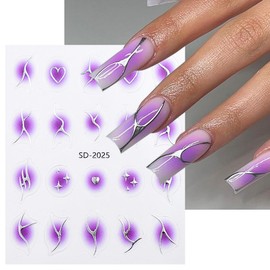 4-sheet Gradient Blush Nail Decals - Silver French Line, Pink/Red Purple/Blue Star & Heart Nail Art Supplies for Women & Girls