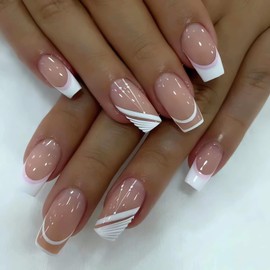 French Tip Press on Nails Medium Square Fake Nails Sweet White Nail Tips Designs Full Cover Square Shape False Nails Nude Acrylic Glue on Nails Medium Length for Women Girls, 24PCS