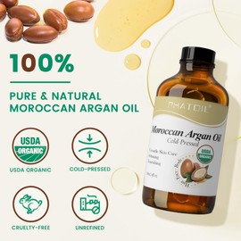 PHATOIL 100% Pure Organic Argan Oil of Moroccan for Hair, USDA Certified Cold Pressed Moroccan Argan Oils for Frizz, Dry Hair, Body Massage Carrier Oil for Skin, Face Moisturizing & Nourishing, 118ml