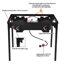 Giantex Outdoor Double Burner Stove, High Pressure 2 Burner Stand Max. 150,000 BTU total, 0-20 PSI Regulator Detachable Legs, Portable Dual Propane Grill Burner Stove for Camping Picnic Cookout