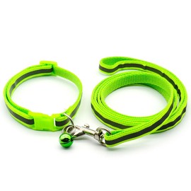 Doggie Style Store Small Dog Puppy Pet Collar and Lead Set Reflective Hi-Vis Strip Nylon Adjustable Size 19-32cm Collar with Bell and 120cm Leash Bright Green