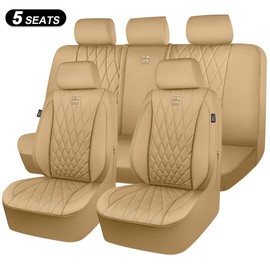 CAR PASS Piping Luxury PU Leather Car Seat Covers,Waterproof Anti Slip Compatible with Seat Armrests,Universal Fit for Suvs,Vans,Trucks,Airbag Safe Easy To Install Clean:_Full Set-Pure Beige