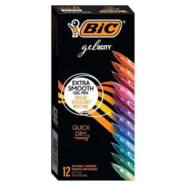 BIC Gel-ocity Quick Dry Assorted Colors Gel Pens (Colors May Vary), Medium Point (0.7mm), 12-Count Pack, Retractable Gel Pens With Comfortable Full Grip (RGLCGA11-AST)
