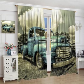 Vintage Car Curtains,Retro Rustic Truck Antique Blue Old Truck Blackout Thermal Curtains for Bedroom Living Room Decor Window Drapes, 2 Panels,42x45in