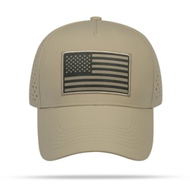 UALON American Flag Trucker Hat, Quick Dry Baseball Cap for Men & Women, Laser Cut Mesh Waterproof Snapback Hats Khaki