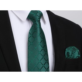 HISDERN Ties for Men Green Tie Pocket Square Set Formal Extra Long Ties Big and Tall Men Classic Silk Emerald 63 inch Plaid Neckties Business Wedding