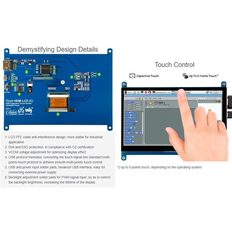 waveshare 7inch HDMI LCD IPS Capacitive Touch Screen 1024×600 Display