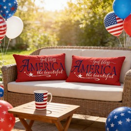 4th of July Pillow Covers 12x 20 Inch Set of 2 God Bless American Memorial Day DecorativeThrow Pillow Cover Patriotic American Flag Outdoor Case Red for Home Couch Sofa Bed