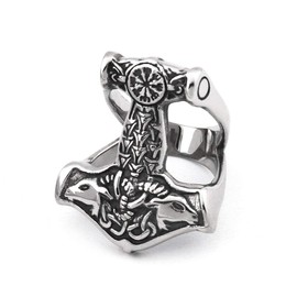 Gungneer Viking Mjolnir Thor Hammer Ring, Stainless Steel, Norse Rune Letters Protection Jewelry for Men Women