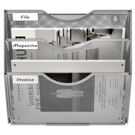 EasyPAG 3 Pocket Wall File Organizer, Silver | Metal Mesh Wall Mounted File Holder | Assembly Hanging Mail Organizer | Replaceable Classify Labels | Office Home Letter Size Paper Storage