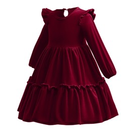 Baby Girls Toddler Velvet Dress Ruffle Long Sleeve Princess Pageant Christmas Party Wedding Dresses Tutu Gown Fall Winter Clothes Kids Birthday Holiday Playwear Dresses Outfit Wine Red 3-4 Years