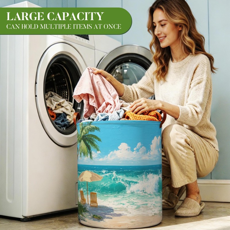 Beach Scenes Laundry Hamper, Oxford Cloth Boys Room Basket, 15.75x19.7in