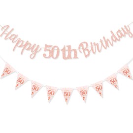 MAGLAUG 50th Birthday Banner Women, Happy 50thBirthday Banners 50th Birthday Decorations Banners for Women Her Party Dec Rose Gold (Birthday50th)