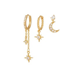 SHUOHONG Set of 3 Earrings for Multiple Pierced Ears, Gold-Plated Stud Earrings Set, Moon and Stars, Small Hoop Earrings with Pendant, Small Cubic Zirconia Ear Jewellery, Star Earrings for Women and