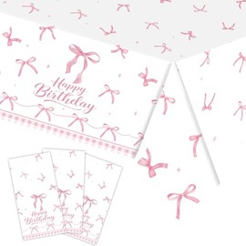 3-Pack 54 x 108 Inch Birthday Theme Plastic Tablecloth - Disposable Rectangle Table Cover with Happy Birthday Design and Bowknot Pattern for Birthday Party, Celebration, Festive Decorations (Pink)