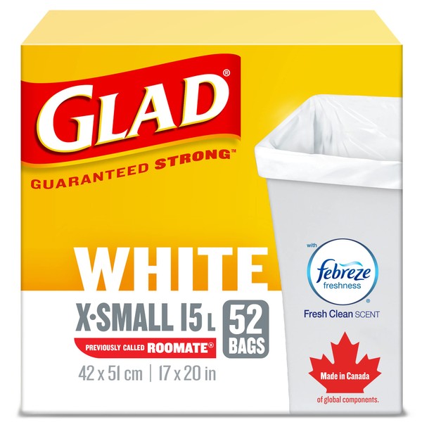 Glad White Garbage Bags - X-Small 15 Litres - Febreze Fresh Clean Scent, 52 Trash Bags, Made in Canada of Global Components