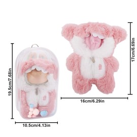 Doll Clothes Set, Pink Shark Plush Doll Clothes & Waterproof Transparent Displaying Bag with Pom Pom Keychain Cute Outfit Kit for 6.7in Dolls (Only Outfit)