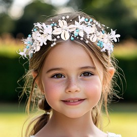 IYOU Flower Girl Headpiece White Seashell Pearl Headbands Floral Communion Wedding Hair Accessories for Girls