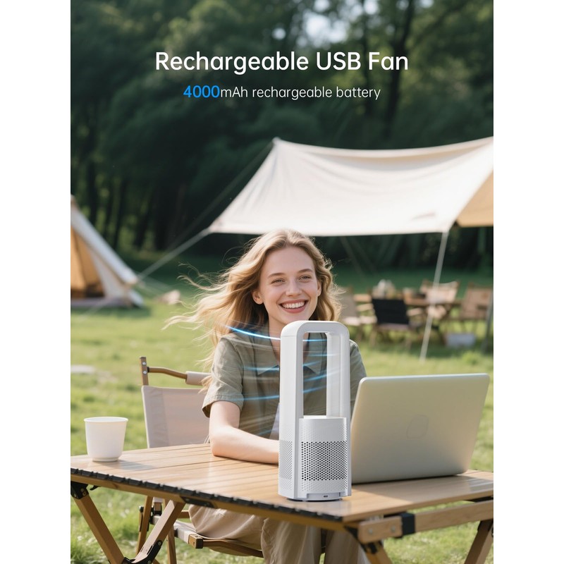 Desk Fan Bladeless, 120° Oscillating Fan Rechargeable, Quiet Fan with