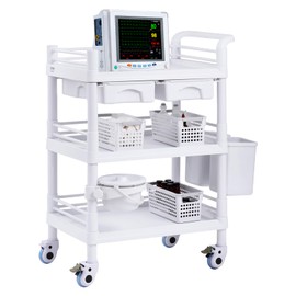 VEVOR Medical Mobile Trolley Cart with 2 Drawers & 3 Trash Cans, 3 Tiers Beauty Salon Rolling Trolley with 4 Silent Wheels & 2 Dirts Bucket & Bowl, Medical Utility Cart for Hospital Dental Clinic Lab