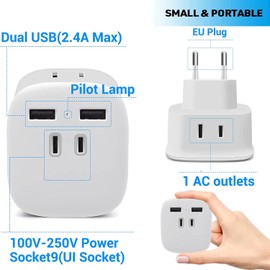 European Travel Plug Adapter,Canada Us to European Plug Adapter with 2 USB,3 in 1 Multifunctional Travel Conversion Plug for US Canada to Most of Europe Italy Spain Greece(1Pack)…