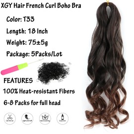 XGY Hair French Curly Braiding Hair 18 Inch 5 Packs French Curl Braids Pre Stretched Bouncy Braids Loose Wavy Braid Synthetic Hair Extensions For Women (T33, 18inch)