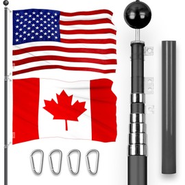 G128 Combo Pack: 25 Ft Telescoping Aluminum Flagpole (Black) & American and Canada Flags 3x5 Ft, Both ToughWeave Series Embroidered Polyester | Pole with Flags Included