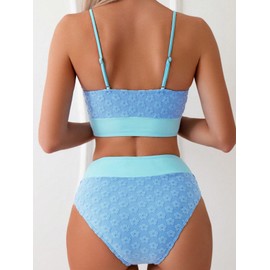 SOLY HUX - Conjunto de bikini para mujer, diseño de bloques de color, estampado floral, cintura alta, traje de baño de dos piezas, negro, azul (Blue Colorblock), Small