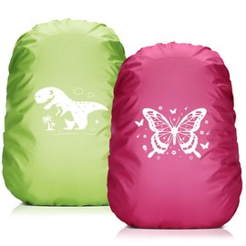 Pack of 2 Rain Cover School Bag, 35L Rain Cover School Bag with Reflective Strips, Rain Cover Backpack with Dinosaur and Butterfly Print for Children Outdoor Night Hiking Rain and Snow