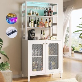 Homieasy 67" Tall Wine Bar Cabinet Liquor Cabinet with LED  Power Outlets  Glass Holder - White