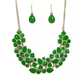 Unbranded Green Bead and Clear Crystal Statement Necklace with Matching Earrings - NEW