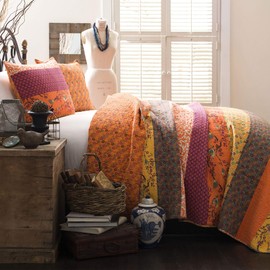 Lush Decor Lush Decor Royal Empire Reversible Cotton Quilt Set - 3 Piece Striped Bedding Set - Bold & Colorful Bohemian Patterns - Soft Cotton Feel - King, Tangerine