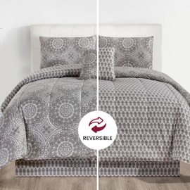 LUX Décor Reversible 5pc Queen Comforter Set, Printed Bedding Set, All-in-One Bed in a Bag, Includes 1 Comforter, 2 Pillow Shams, 1 Decorative Pillow & 1 Bed Skirt (Aztec Grey,Queen)