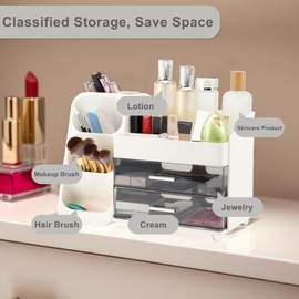 VOCOSTE Makeup Organizer, Three-Layer Cosmetic Storage Box, Skincare Organizers with Drawer, for Lipstick Brush Eyeliner, for Vanity Holder, White