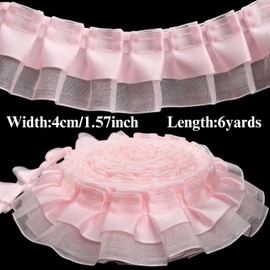 IDONGCAI Ruffle Trim 2-Layer Satin Organza Pleated Edging Trimmings 4cmx6yd Lace Ribbon for Crafts Embellishment (Pink)